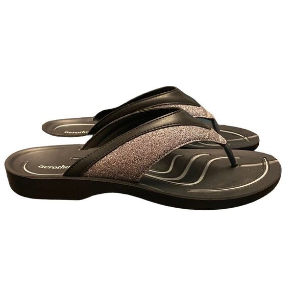 Aerothotic NWOT 38/8 Black Silver Glitter Trim Arch Support Orthotic Sandals - Picture 1 of 5